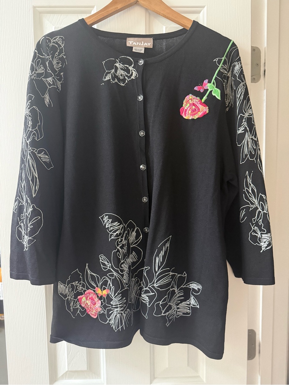 TanJay Vintage Embroidered Floral Rose Cardigan Jacket Black XL